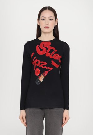 Black long-sleeve shirt featuring bold red graphic text and lipstick illustrations on the front. Made from soft, stretchy fabric.
