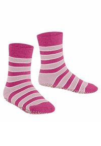 Streifenstrümpfe in Pink und Hellrosa mit einem gerippten Bündchen und gummierten Grip-Punkten auf der Sohle. Weiche Textur und Knöchelhöhe.