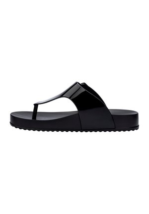 Black rubber flip-flop sandal with a glossy finish, featuring a T-strap design, flat sole, and textured base for grip.