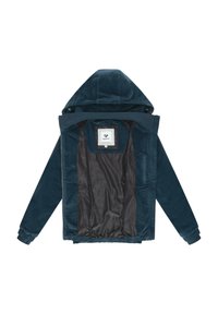 Mørkeblå hættetrøje lavet af tekstureret stof med lynlås foran, elastiske manchetter og sort foret indvendigt med et mærkelabel.