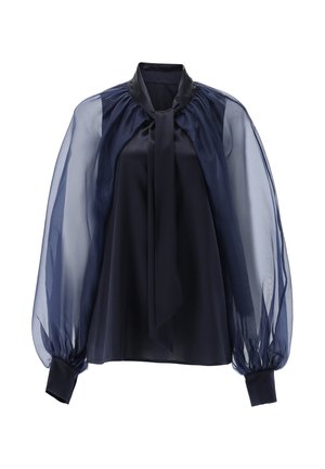 Marinebluse mit einem Satin-Oberteil und transparenten, gepufften Ärmeln. Sie hat einen hohen Ausschnitt mit einer Bindedetail und elastischen Bündchen.
