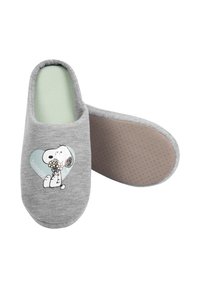 Gray fabric slippers with a mint green inner lining, featuring a printed Snoopy design holding flowers on one side and a tan textured sole.