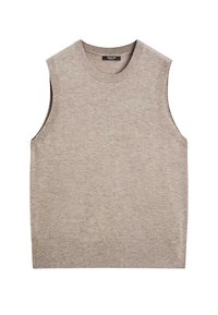 Beige bezrukávový svetr, pletená textura, kulatý výstřih a rovný lem. Žádné viditelné švy ani ozdoby, minimalistický design.