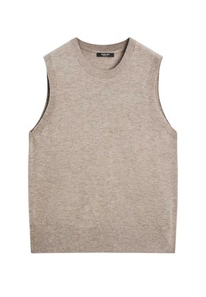 Beige sleeveless sweater, knitted texture, round neckline, and straight hem. No visible seams or embellishments, minimal design.
