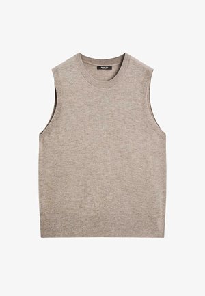 Beige ärmelloser Pullover, gestrickte Textur, runder Ausschnitt und gerader Saum. Keine sichtbaren Nähte oder Verzierungen, minimales Design.