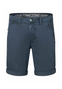 Navy blue shorts with rolled cuffs, featuring front pockets, a button closure, and a patterned waistband labeled "TIMEZONE."