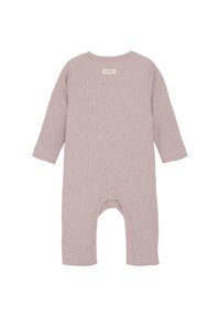 Lange mouwen babyromper van zacht ribgebreid stof in licht mauve. Heeft een ronde halslijn en drukknopen onderaan voor eenvoudige aankleding.