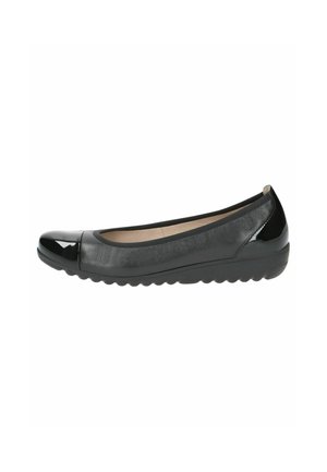 Black ballet flat with a rounded toe, glossy patent cap, textured leather upper, and a flexible rubber sole. Features a low-profile design.