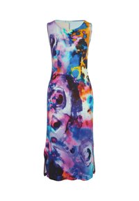 Farbefrohes ärmelloses Kleid mit abstrakten Mustern in Blau, Pink, Orange und Lila. Hergestellt aus dehnbarem Stoff mit seitlichen Schlitzen.