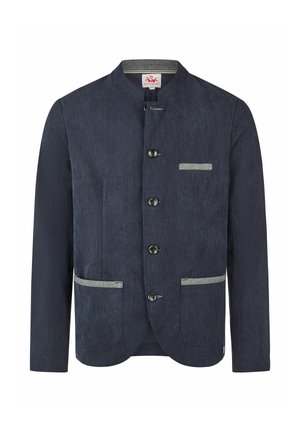 Veste en velours côtelé bleu marine avec finition grise sur le col et les poches, devant boutonné et col droit.
