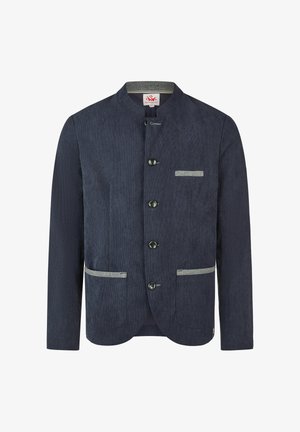 Marineblaue Cordjacke aus Kord mit grauen Kanten am Kragen und an den Taschen, Knopfleiste vorne und geradem Kragen.