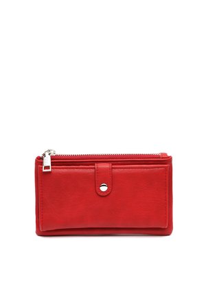 Red leather wallet with a zip closure, featuring a snap button, smooth texture, rectangular shape, and subtle stitching details.