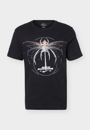Black Nike running T-shirt with a detailed futuristic insect graphic and white "Nike Running" text below the design.