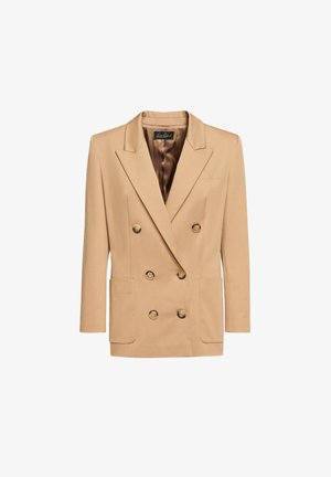 Beige doppelt geknöpfter Blazer mit goldenen Knöpfen, zwei vorderen Taschen, spitz zulaufenden Revers und satinartigem Innenfutter. Glatte Stoffoberfläche.