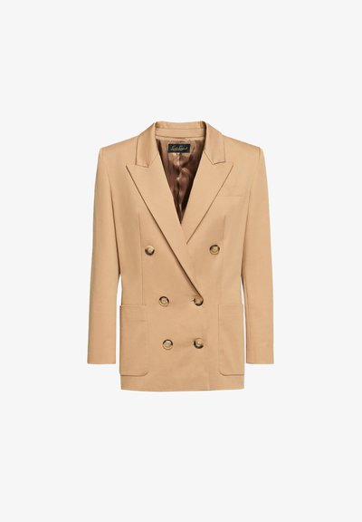 Blazer beige doppiopetto con bottoni dorati, due tasche frontali, rever a punta e foderatura interna in satin. Tessuto con una texture liscia.