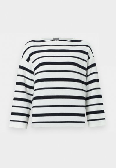 Λευκό πουκάμισο με μακριά μανίκια, μαύρες οριζόντιες ρίγες, στρογγυλή λαιμόκοψη και ελαφρώς φαρδιά γραμμή.