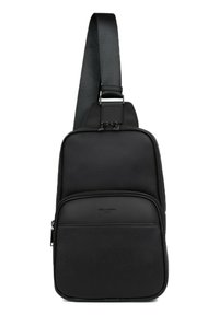 Borsa a tracolla nera realizzata in materiale sintetico strutturato con un pannello frontale liscio. Caratterizzata da una larga tracolla regolabile e da multiple tasche con zip.