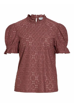 Blúzka s krátkym rukávom v mauve farbe s priehľadným čipkovaným vzorom, volánikovým vysokým golierom, nafúknutými rukávmi a zapínaním na gombíky vzadu.