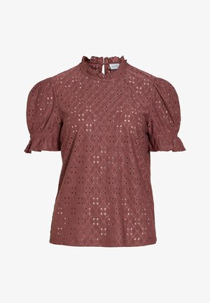 Blúzka s krátkym rukávom v mauve farbe s priehľadným čipkovaným vzorom, volánikovým vysokým golierom, nafúknutými rukávmi a zapínaním na gombíky vzadu.