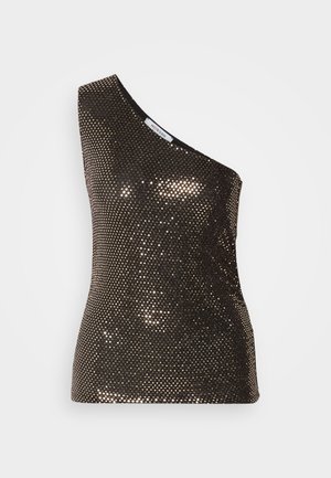 Top nero con paillettes, design a spalla unica, caratterizzato da una silhouette aderente e una texture lucida, che cattura la luce con paillettes di diverse tonalità dorate.