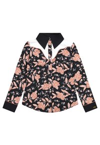 Camisola de manga comprida em tecido preto com padrão floral em tons de rosa. Apresenta gola branca e punhos contrastantes. Fecho frontal por botões.