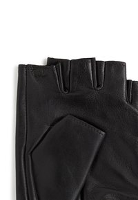 Black leather fingerless gloves featuring textured material, soft finish, and an open design with finger openings and a folded cuff.