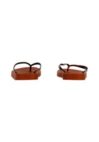 Brune gummiflip-flops med flad sål og rund tåpostdesign; med to brune stropper for sikker pasform. Velegnet til afslappet brug.