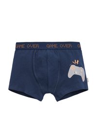 Boxers de algodón azul marino con un gráfico de un control de videojuegos, detalles en naranja y la frase "GAME OVER" impresa en la cinta de la cintura.