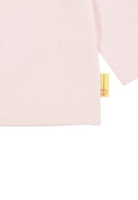 Hellrosa Langarm-Cotton T-Shirt mit Rundhalsausschnitt und seitlichem Etikett mit dem Text "Made in Italy". Sanfte Textur und schlichtes Design.