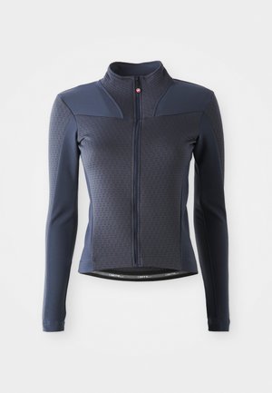 Navy Activewear-Jacke mit Reißverschluss vorne, hohem Kragen, strukturiertem Stoff und kontrastierenden Schulterpaneelen. Mit einem Logo am Saum.