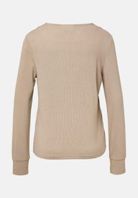 Beige Langarmoberteil mit ribbeliger Textur, rundem Ausschnitt und eng anliegenden Bündchen. Die Rückansicht zeigt ein schlichtes, glattes Design.