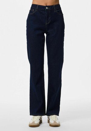 Dark blue denim jeans with a straight-leg design, featuring five pockets, a metal button closure, and contrast stitching details.