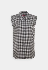 Camicia senza maniche a quadri bianco e nero con colletto, dotata di chiusura a bottoni sul davanti e spalline arricciate. Realizzata in cotone testurizzato.