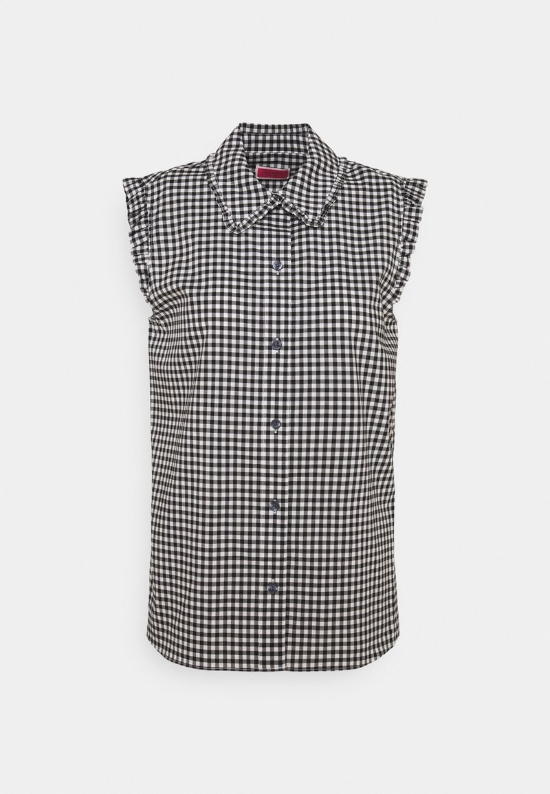 Camicia senza maniche a quadri bianco e nero con colletto, dotata di chiusura a bottoni sul davanti e spalline arricciate. Realizzata in cotone testurizzato.