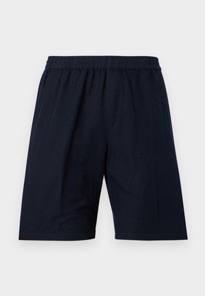 Pantaloni scurți de bărbați, culoare albastru închis, cu talie elastică, picioare drepte, lungime până la genunchi și buzunare pe cusăturile laterale.