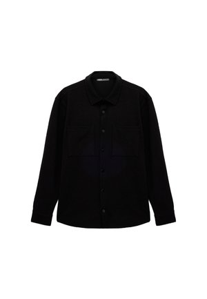 Camicia nera con bottoni, dotata di due tasche frontali, colletto e maniche lunghe. Realizzata in un tessuto testurizzato. Vestibilità classica con orlo dritto.