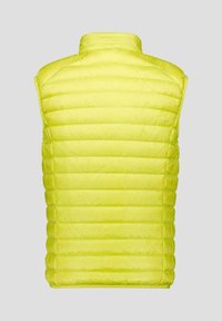 Limoengroene mouwloze puffer bodywarmer met horizontaal doorgestikt patroon, hoge kraag en lichtgewicht materiaal, geschikt om te dragen als laag.