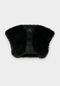 Bolero preto de pele falsa com textura suave e fofa. Apresenta mangas curtas e forro em cetim, criando uma silhueta curta.