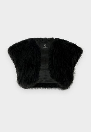 Melna mākslīgās kažokādas bolero žakete ar mīkstu, pūkainu tekstūru. Ir īsas piedurknes un satīna odere, kas veido īsu siluetu.