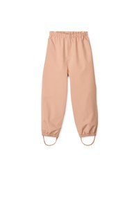 Svetlo roza vodoodporne hlače z elastičnim pasom, zoženimi hlačnicami in nastavljivimi trakovi ob gležnjih za zanesljivo prileganje. Gladek tekstur.