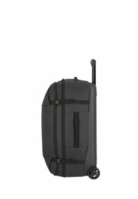 Sac de sport à roulettes noir en matériau robuste, avec des fermetures éclair, des sangles ajustables et une poignée rétractable. Dispose de deux roues pour la mobilité.