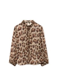 Leopardenmuster-Bluse aus leichtem Stoff, mit Rüschensaum am Kragen und einer durchgehenden Knopfleiste. Lange Ärmel mit leicht taillierten Manschetten.