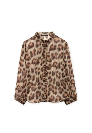 Leopard-print blouse in lightweight fabric, featuring a ruffled collar and front placket. Long sleeves with slightly tapered cuffs.