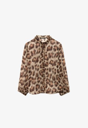 Leopard-print blouse in lightweight fabric, featuring a ruffled collar and front placket. Long sleeves with slightly tapered cuffs.