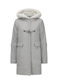 Hellgrauer Wollmantel mit einer weichen weißen Fleece-fütterten Kapuze, Vorderknopfverschluss und zwei aufgesetzten Taschen.