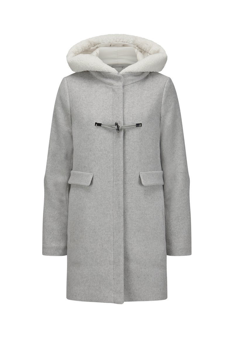 Hellgrauer Wollmantel mit einer weichen weißen Fleece-fütterten Kapuze, Vorderknopfverschluss und zwei aufgesetzten Taschen.