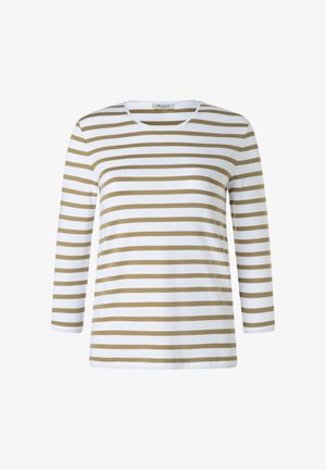 Valkoinen pitkähihainen paita, jossa vaakasuoria vaaleanruskeita raitoja ja pyöreä pääntie.