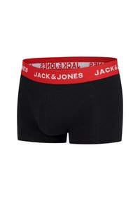 Zwarte boxershorts met een rode elastische tailleband met witte tekst "JACK & JONES." Gemaakt van zachte stof met een snug fit.