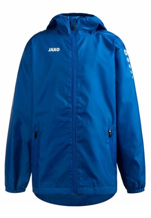 Blauwe capuchonjack van lichtgewicht materiaal, met een stevige rits aan de voorkant, twee zijzakken en een wit logo op de borst en mouwen.