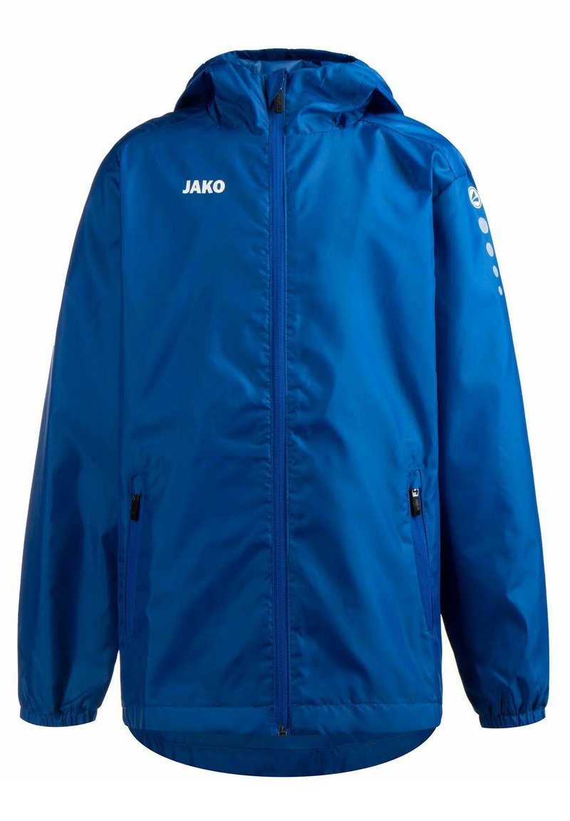 Giacca leggera con cappuccio blu, dotata di zip frontale, due tasche laterali e logo bianco sul petto e sulle maniche.